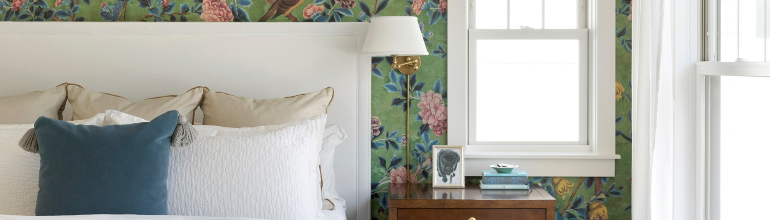 Edina, Minnesota bedroom with floral wallpaper and soft layered furnishings by Traditions