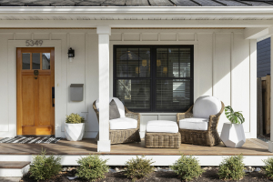 Front porch of a South Minneapolis home with cozy seating and welcoming curb appeal
