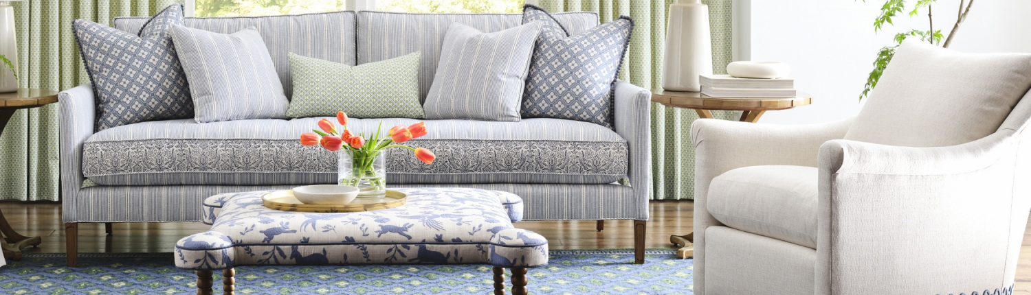 Blue and white living room design by Traditions in Minneapolis and Naples