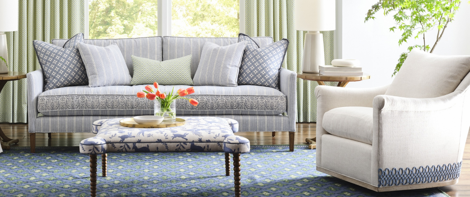 Blue and white living room design by Traditions in Minneapolis and Naples