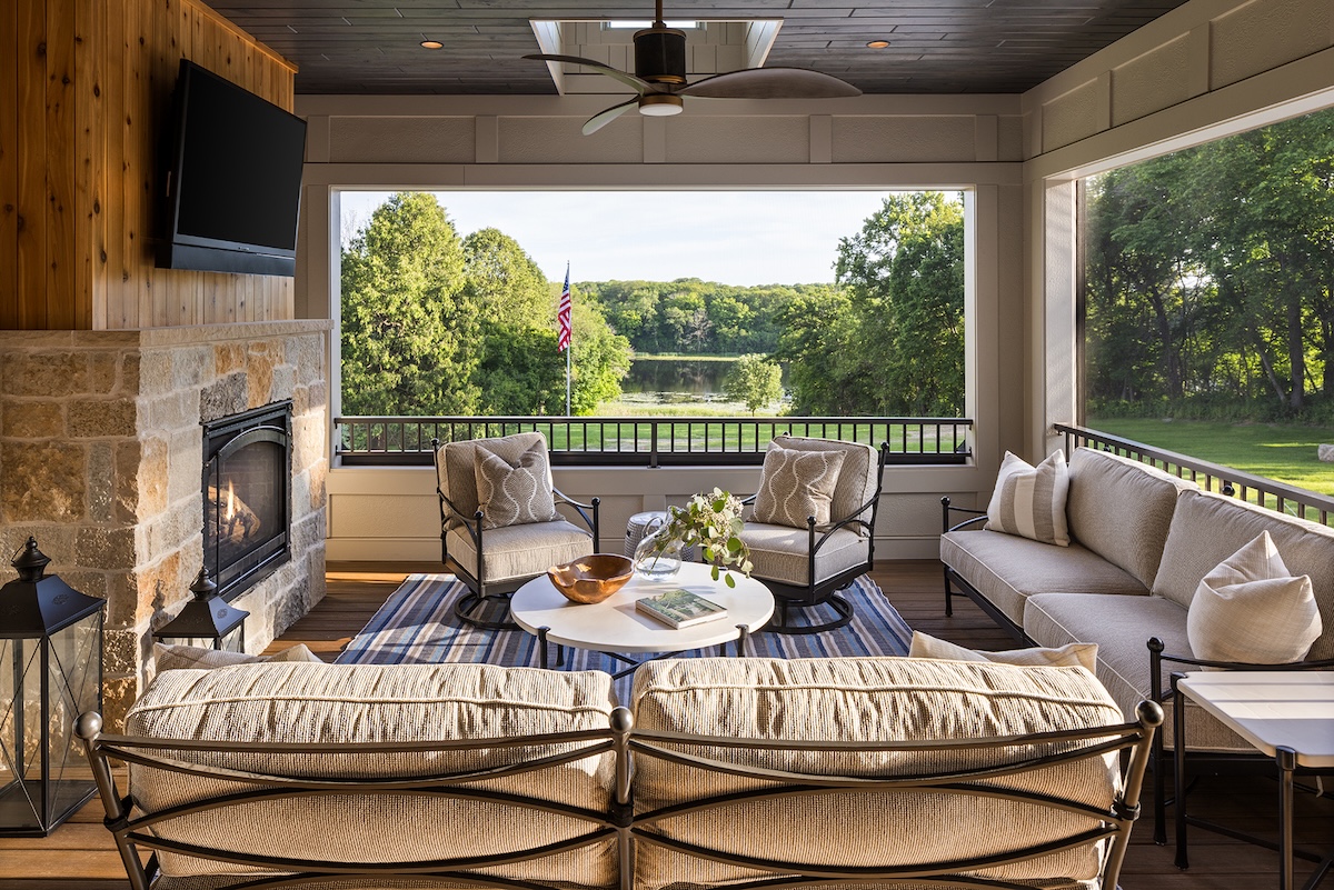 Screened porch in Wayzata, Minnesota with outdoor furniture designed for livable, stylish Wayzata Minnesota interior design