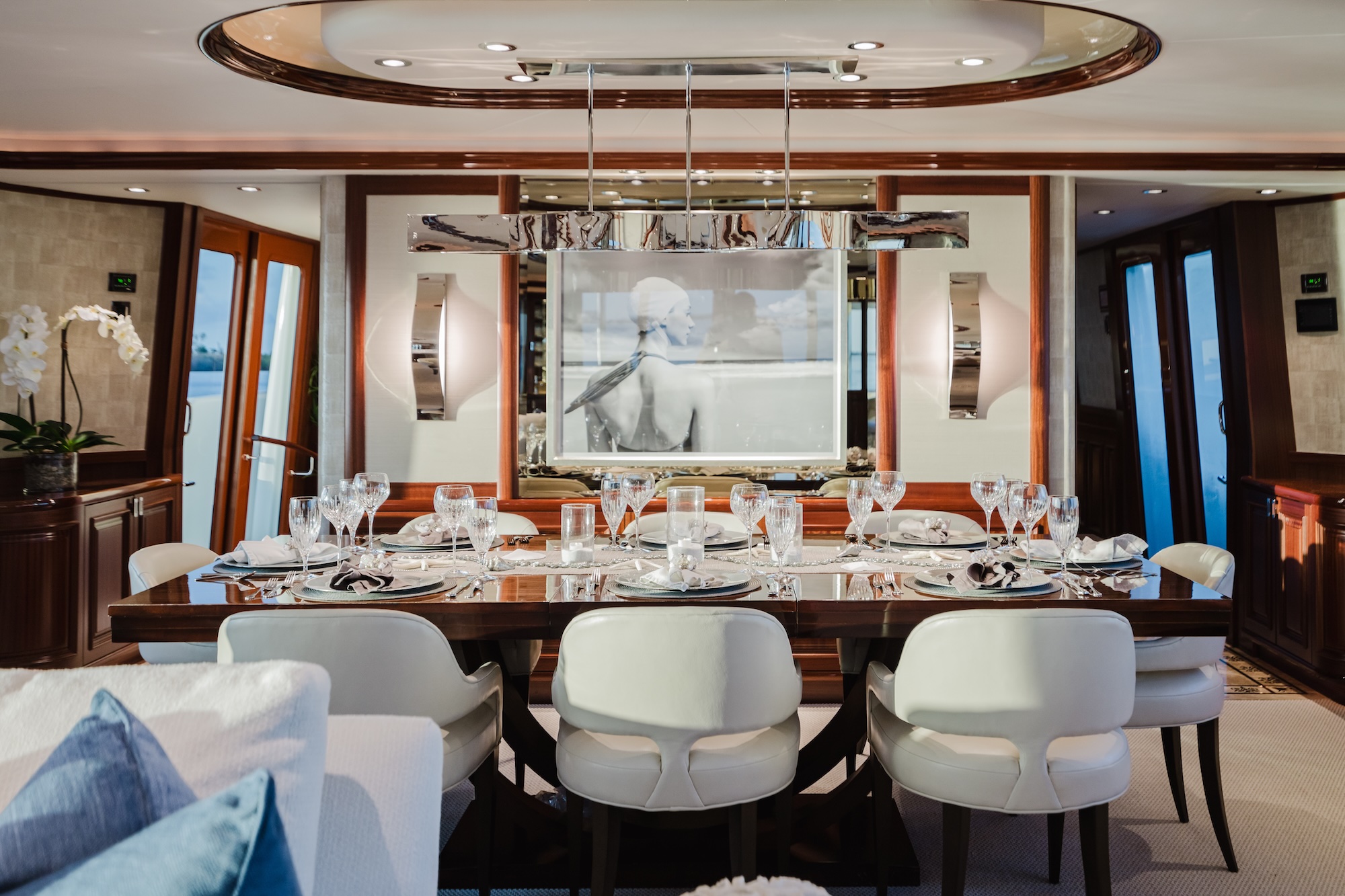 Naples luxury yacht dining area with custom furniture and elevated marine interior design