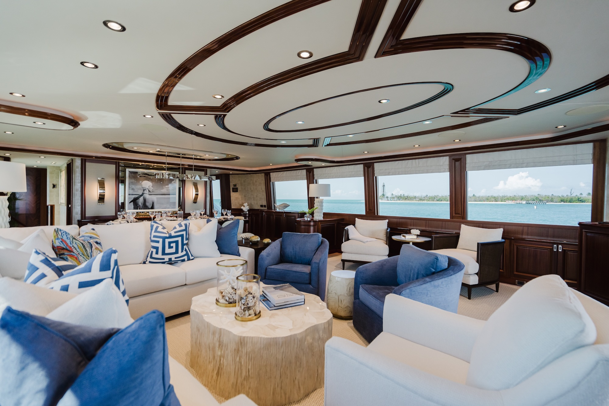 Custom yacht furnishings in the main salon of the 112’ SeaQuinn designed in Naples, Florida