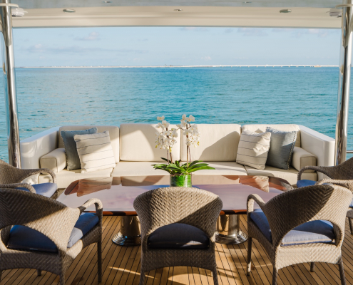 Luxury yacht interior design in Naples with layered textures and custom seating aboard the SeaQuinn