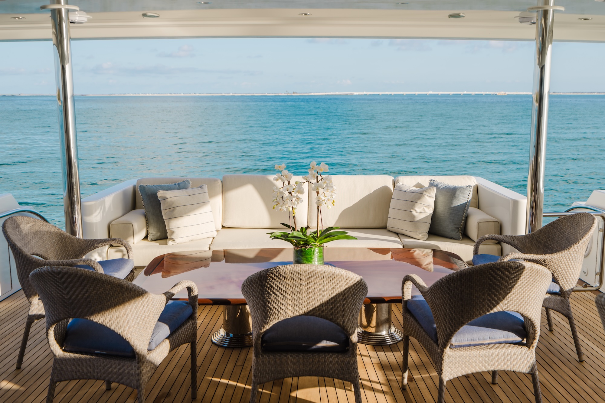 Luxury yacht interior design in Naples with layered textures and custom seating aboard the SeaQuinn