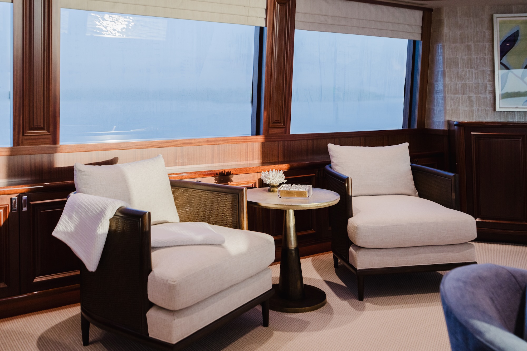 Detail of luxury yacht interior design in Naples featuring curated textures and finishes