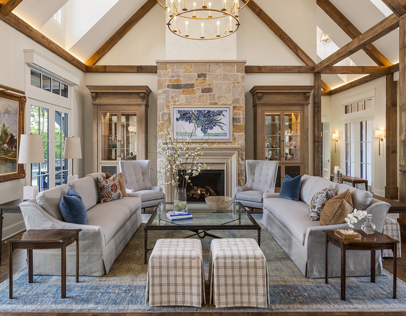 Living room in Wayzata, Minnesota with a stone fireplace showcasing Wayzata Minnesota interior design