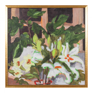 floral-art-olive-and-blooms Floral artwork with greens, whites, and oranges.